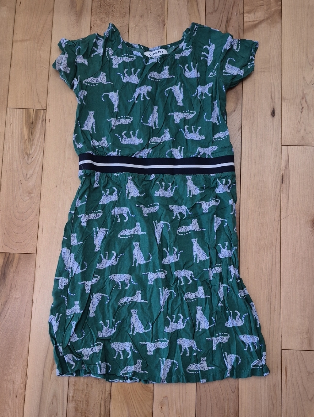 Girls Size 10 Old Navy Green Leopard Print Dress with Stripe Waist